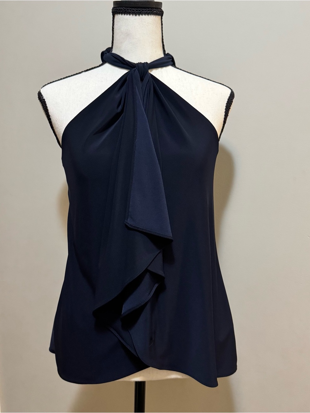 Chaps Navy Halter Tie Neck Ruffle Front Women's Top